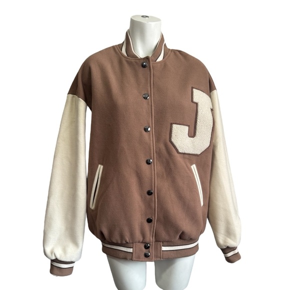 FASHION NOVA Oversized Varsity Jacket Best in Class J Mocha Combo Womens Small - Picture 11 of 17